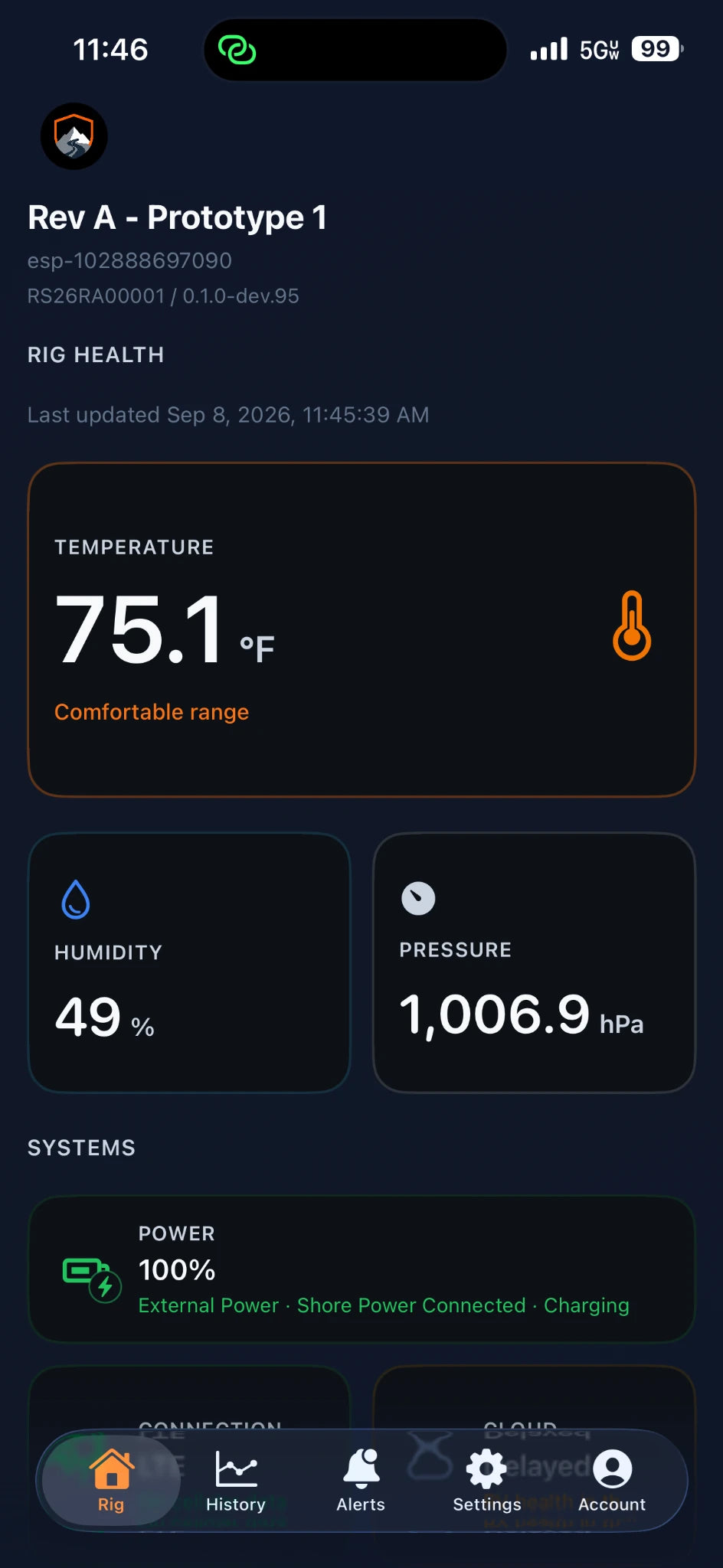RigSentry app showing a successfully paired RV monitor